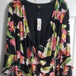 HAVANA NIGHTS...NWT, JM COLLECTION, 3X, WRAP DRESS, BLACK WITH FLORAL DESIGN